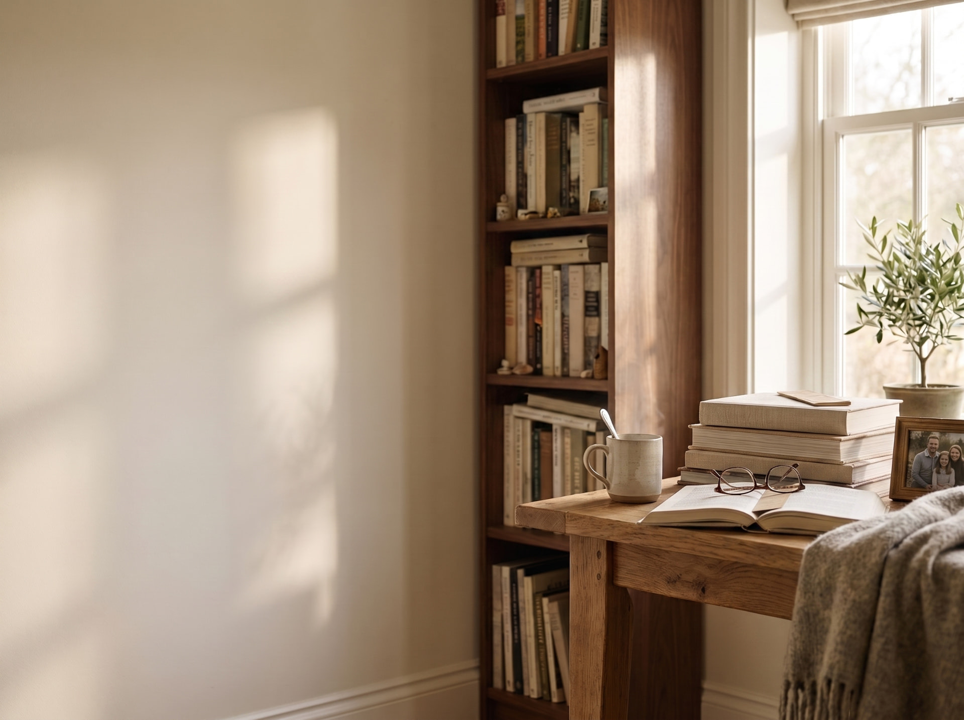 Warm home reading corner with carefully selected family books inside a cozy library.