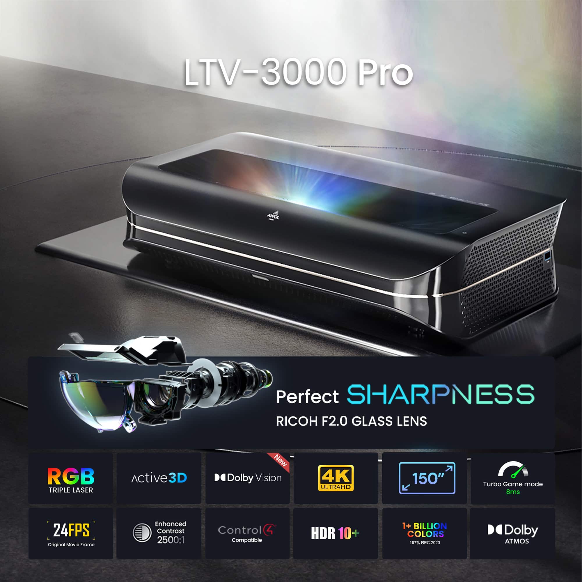 AWOL Vision - LTV-3000 Pro 4K Smart UHD 3D Triple Laser Ultra Short Throw Projector with HDR10+, Dolby Vision & Atmos - Black