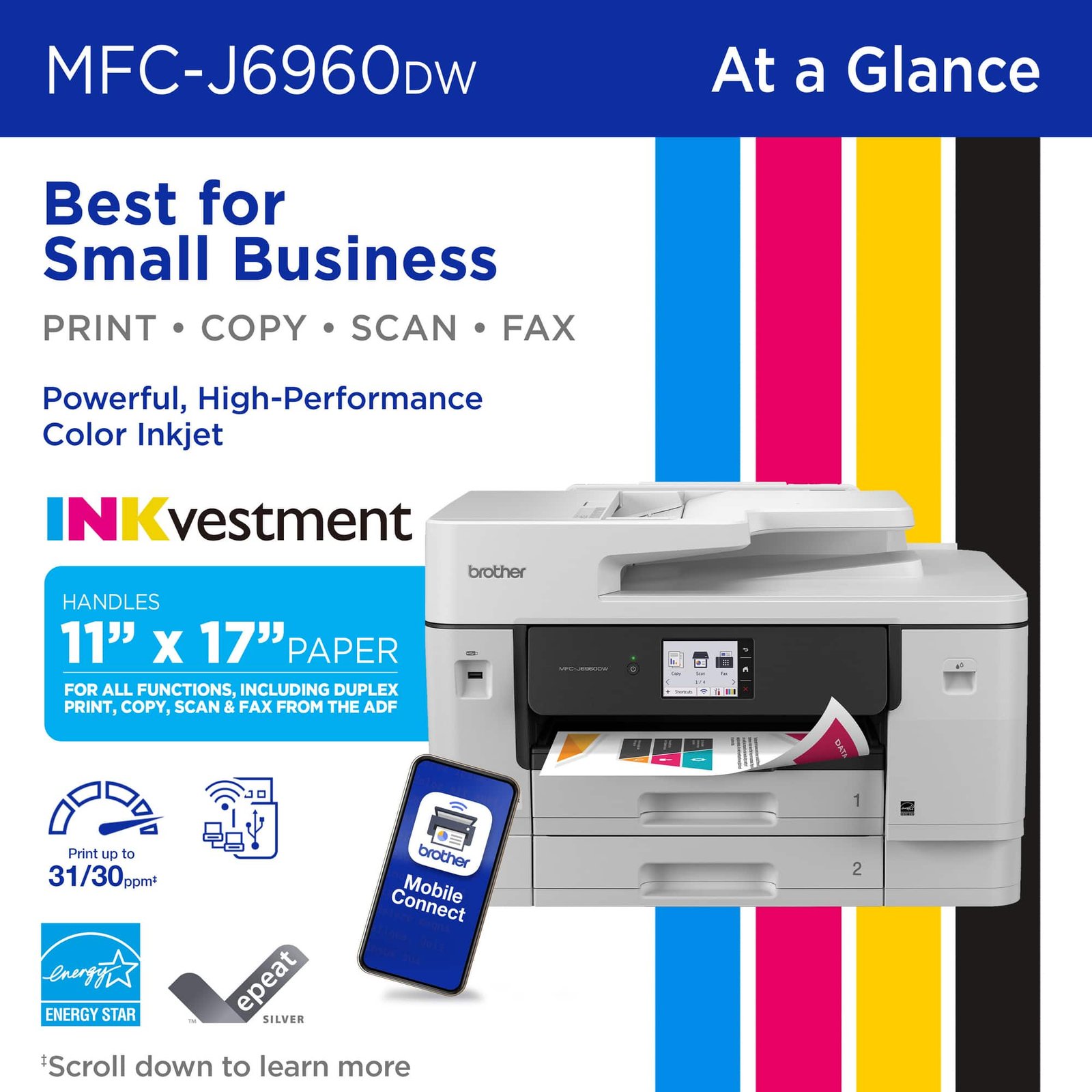 Brother - INKvestment 6960 Wireless Color All-in-One Inkjet Printer with 11”x17” capabilities/2 Paper Trays (MFCJ6960DW) - Gray
