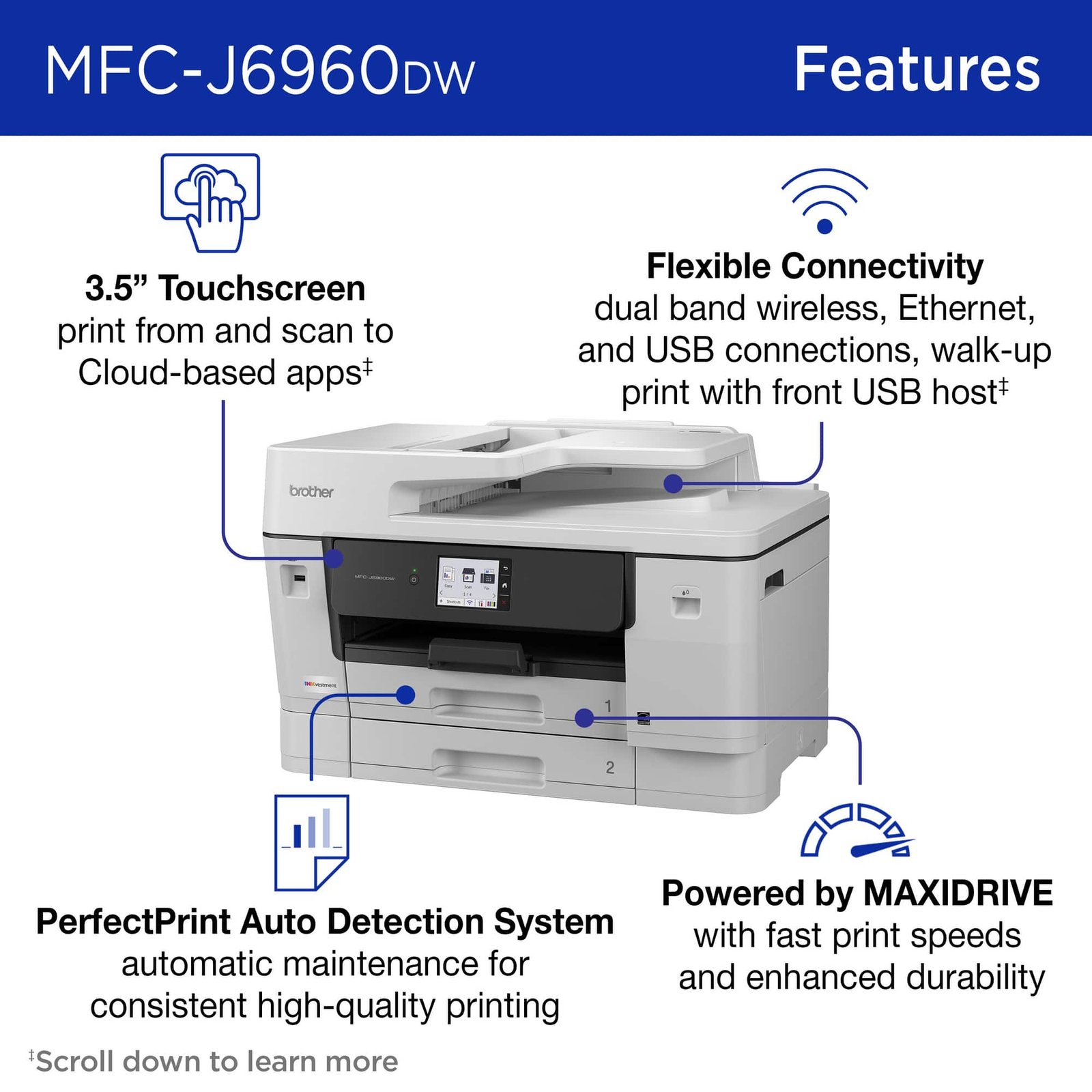 Brother - INKvestment 6960 Wireless Color All-in-One Inkjet Printer with 11”x17” capabilities/2 Paper Trays (MFCJ6960DW) - Gray