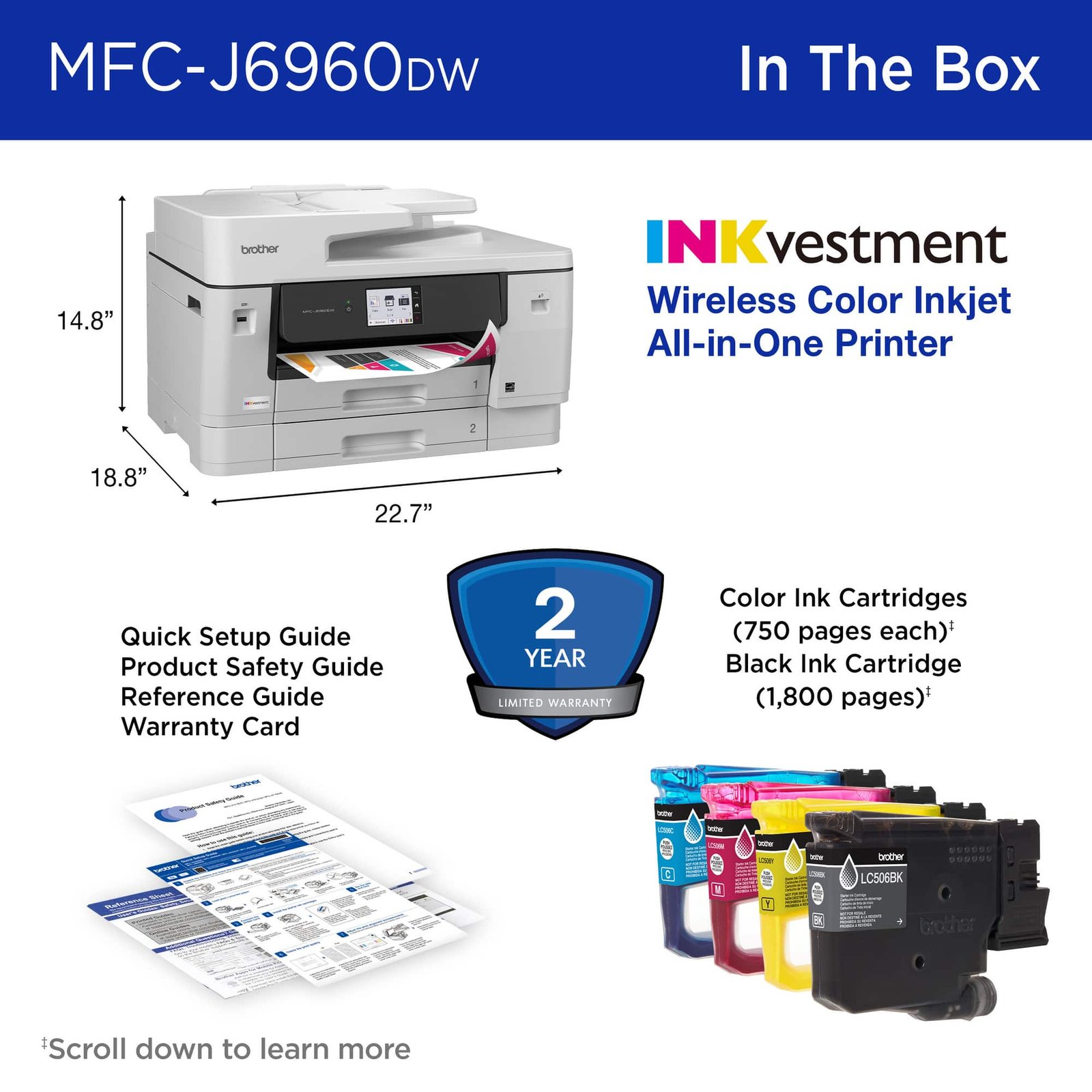 Brother - INKvestment 6960 Wireless Color All-in-One Inkjet Printer with 11”x17” capabilities/2 Paper Trays (MFCJ6960DW) - Gray