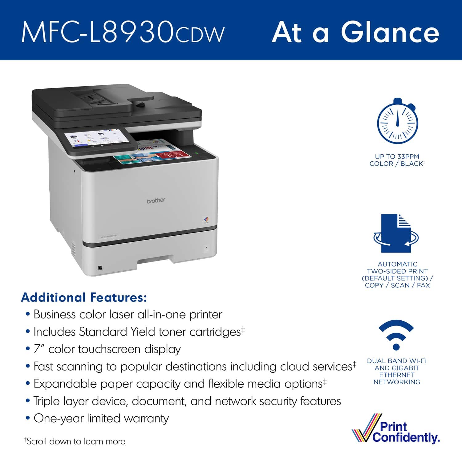 Brother - MFC-L8930CDW Color Laser All-in-One Printer with Duplex Print, Scan, Copy and Low-Cost Printing - White