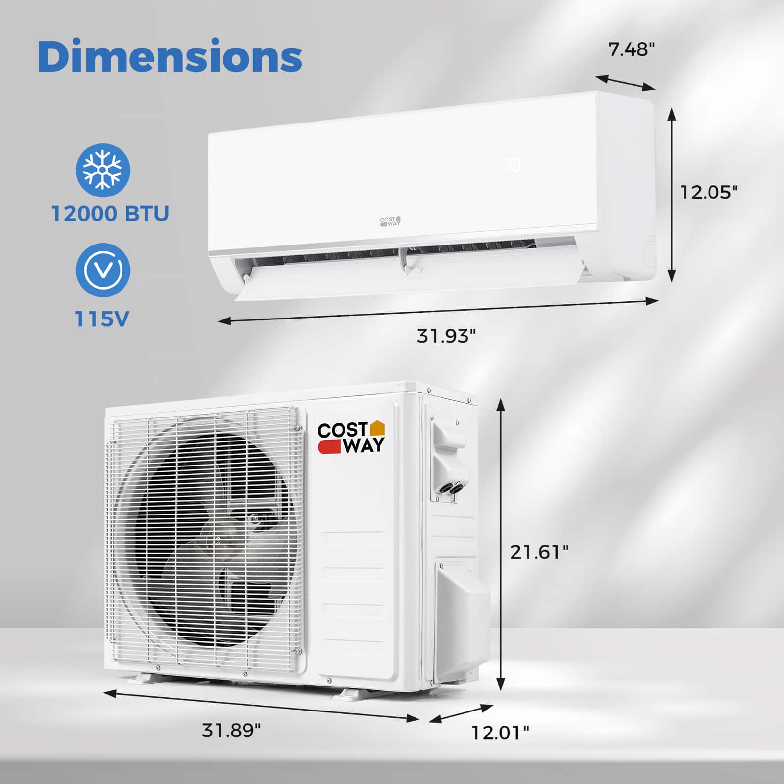 Costway - 12000 BTU 20 SEER2 115V Wifi Enabled Mini Split Air Conditioner & Heater with Installation Kit - White
