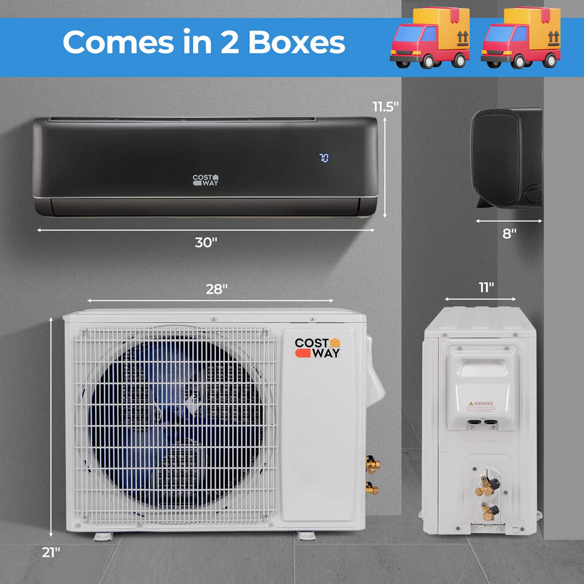 Costway - 12000 BTU Mini Split Air Conditioner, 21 SEER2 208-230V Inverter AC Unit Cools Rooms up to 750 Sq. Ft - Grey,White
