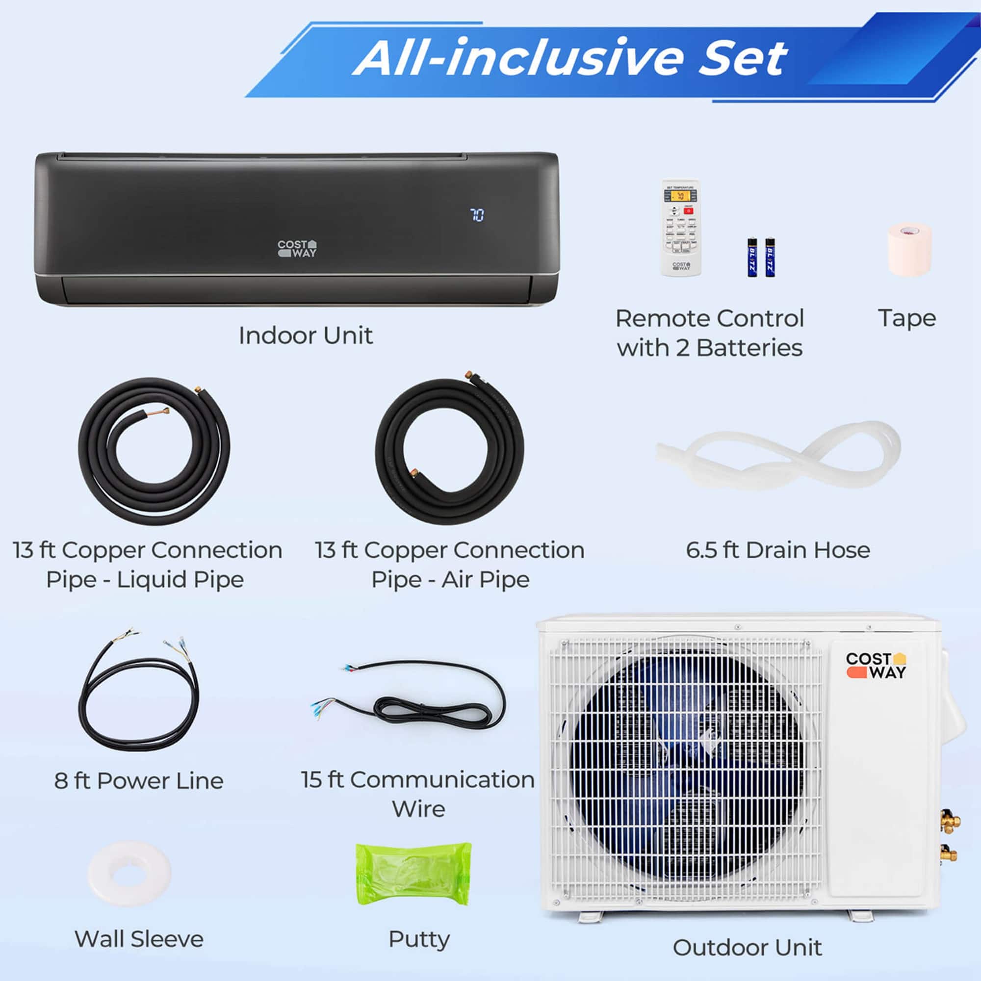 Costway - 12000 BTU Mini Split Air Conditioner, 21 SEER2 208-230V Inverter AC Unit Cools Rooms up to 750 Sq. Ft - Grey,White