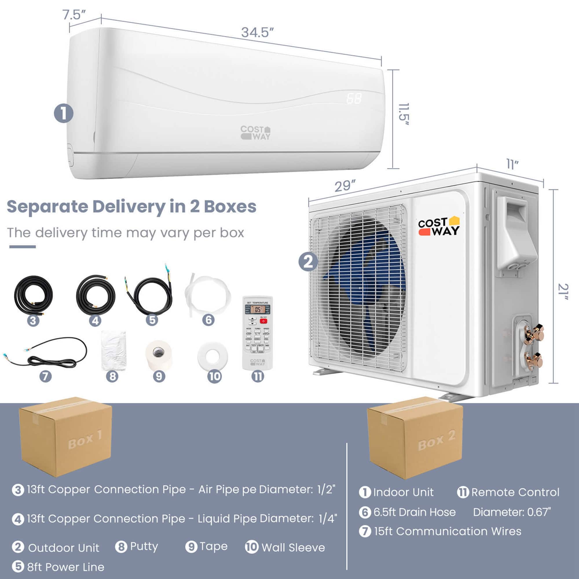 Costway - 12000 BTU Mini Split Air Conditioner &Heater 20 SEER2 115 V Wall-Mounted AC Unit - White