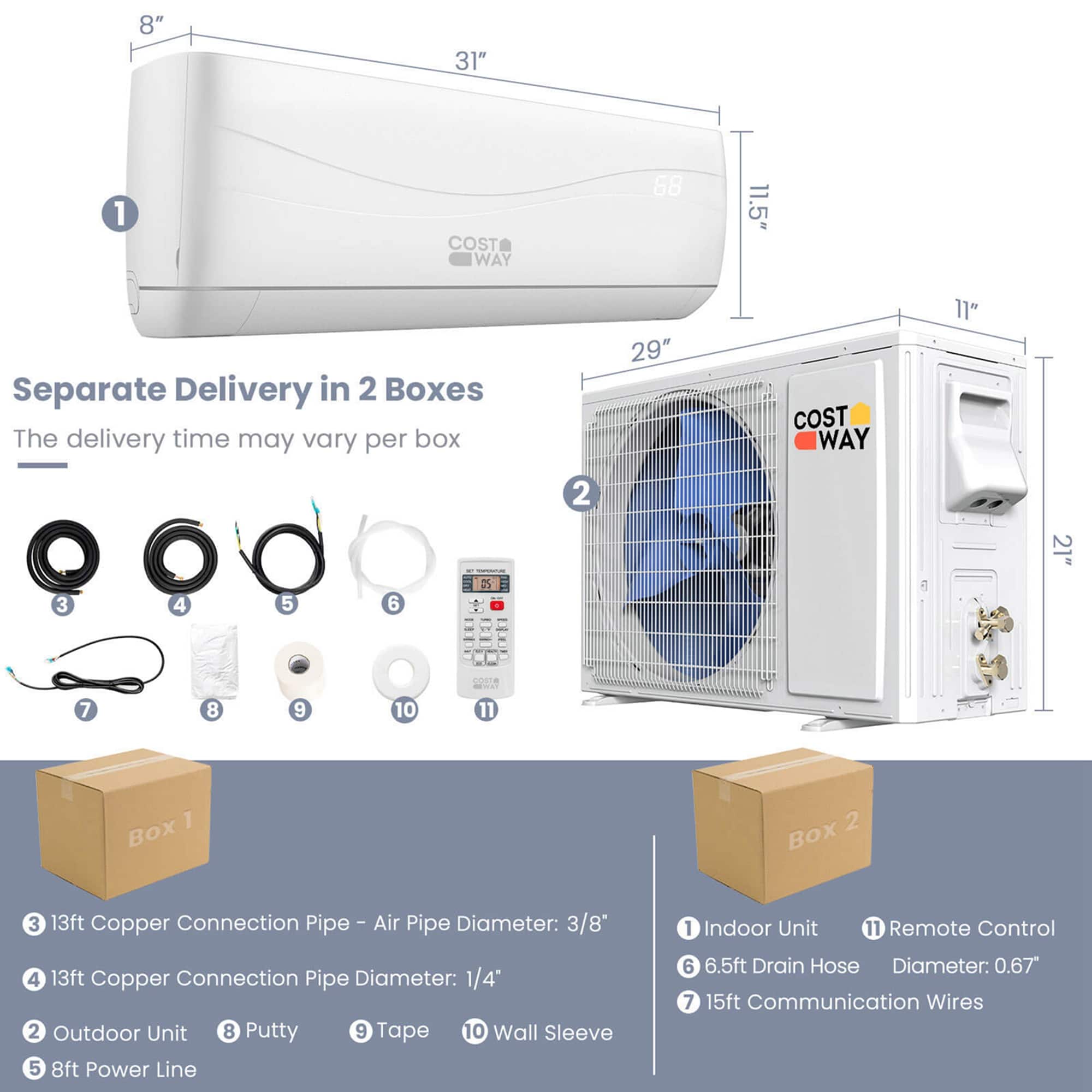 Costway - 12000 BTU Mini Split Air Conditioner & Heater Ductless 17 SEER2 750 Sq. Ft - White