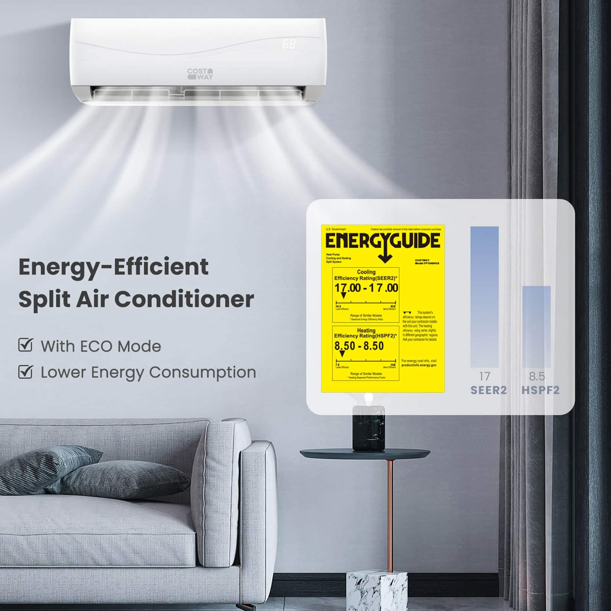 Costway - 12000 BTU Mini Split Air Conditioner & Heater Ductless 17 SEER2 750 Sq. Ft - White