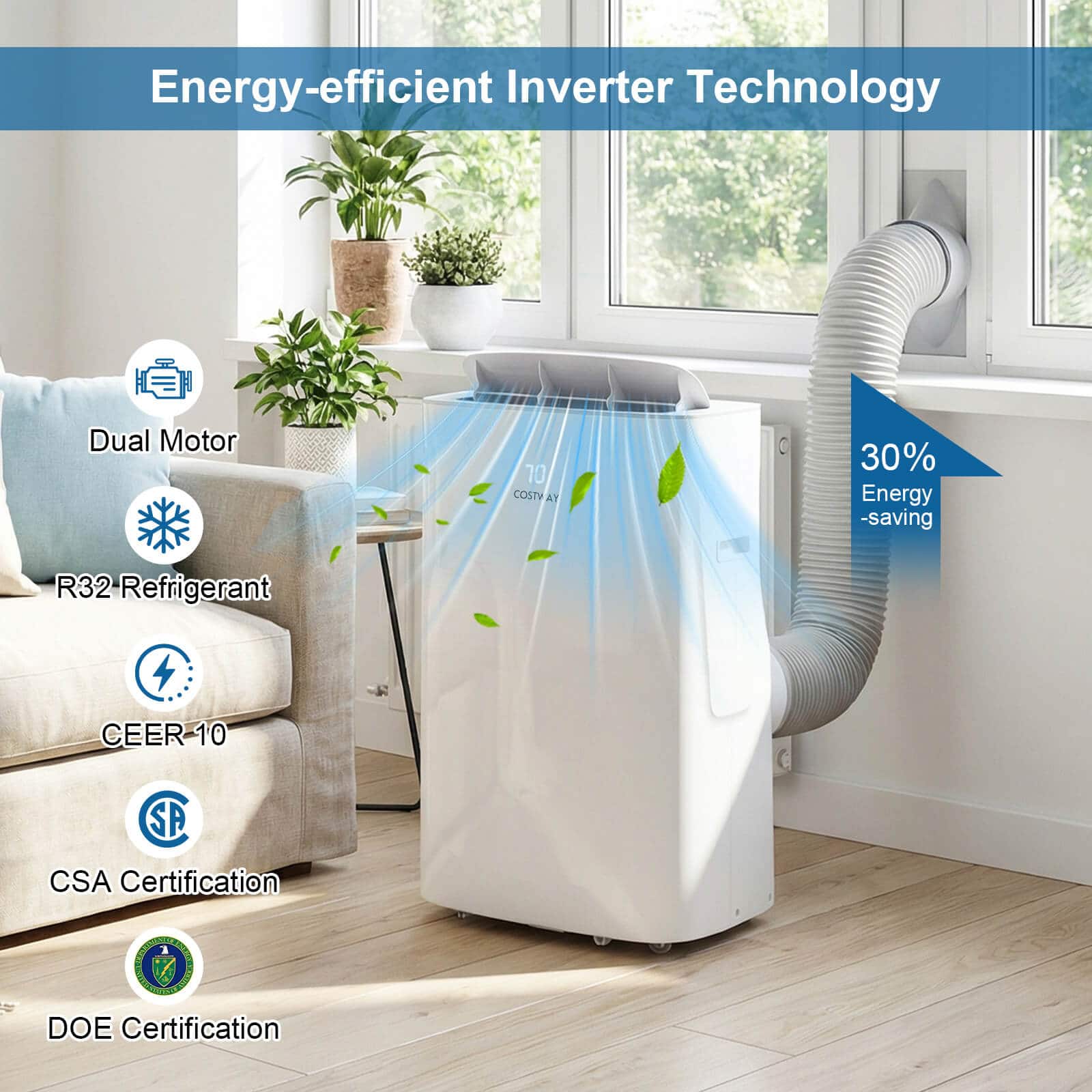Costway - 15000 BTU Inverter Portable Air Conditioner with Fan, Dehumidifier, Auto Swing - White