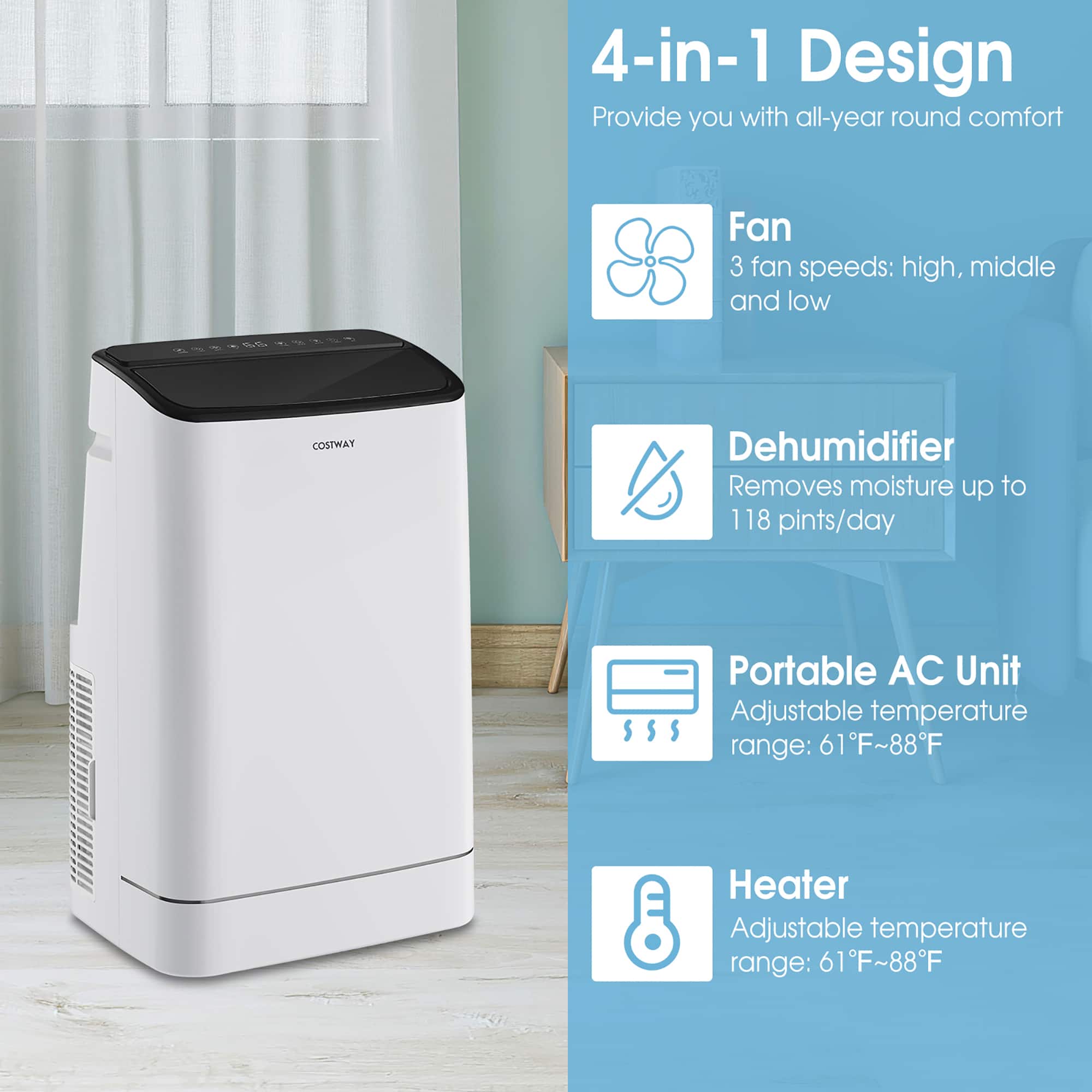 Costway - 15000 BTU Portable Air Conditioner Cools up to 800 sq.ft with Remote APP Control Cool Fan Heat Dehum - White