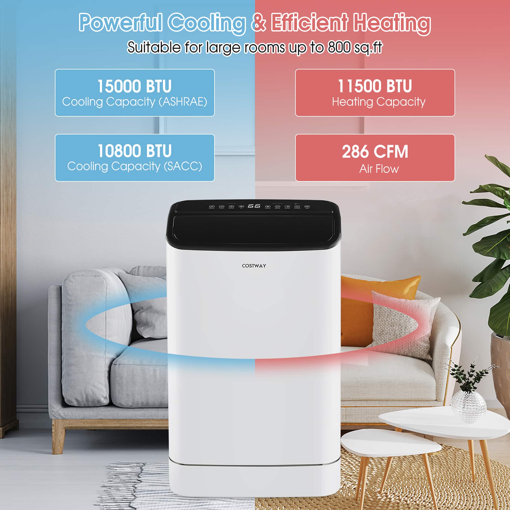 Costway - 15000 BTU Portable Air Conditioner Cools up to 800 sq.ft with Remote APP Control Cool Fan Heat Dehum - White