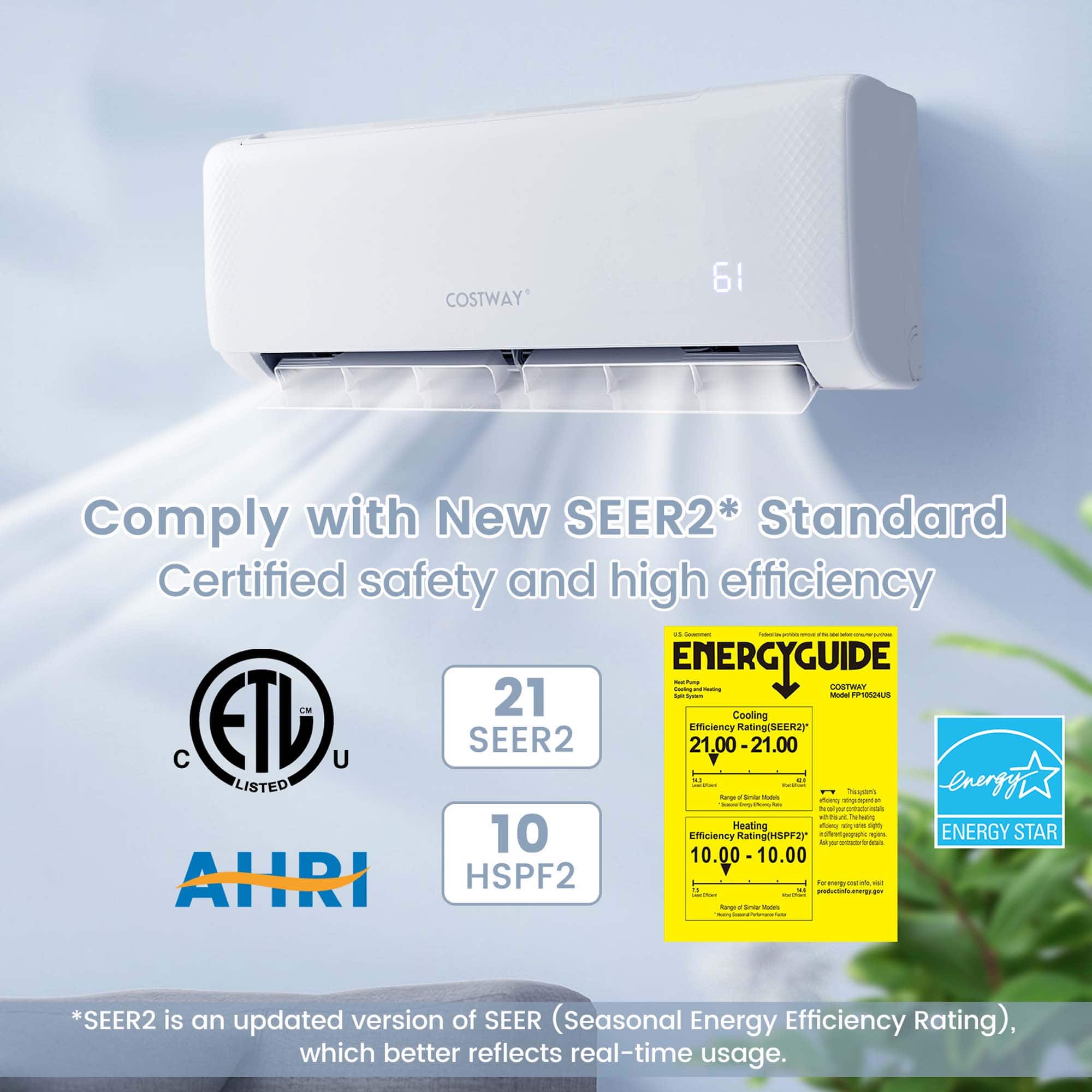 Costway - 24,000 BTU Mini Split Air Conditioner AC Unit with Heat Pump & Alexa Googlehome Remote Control - White