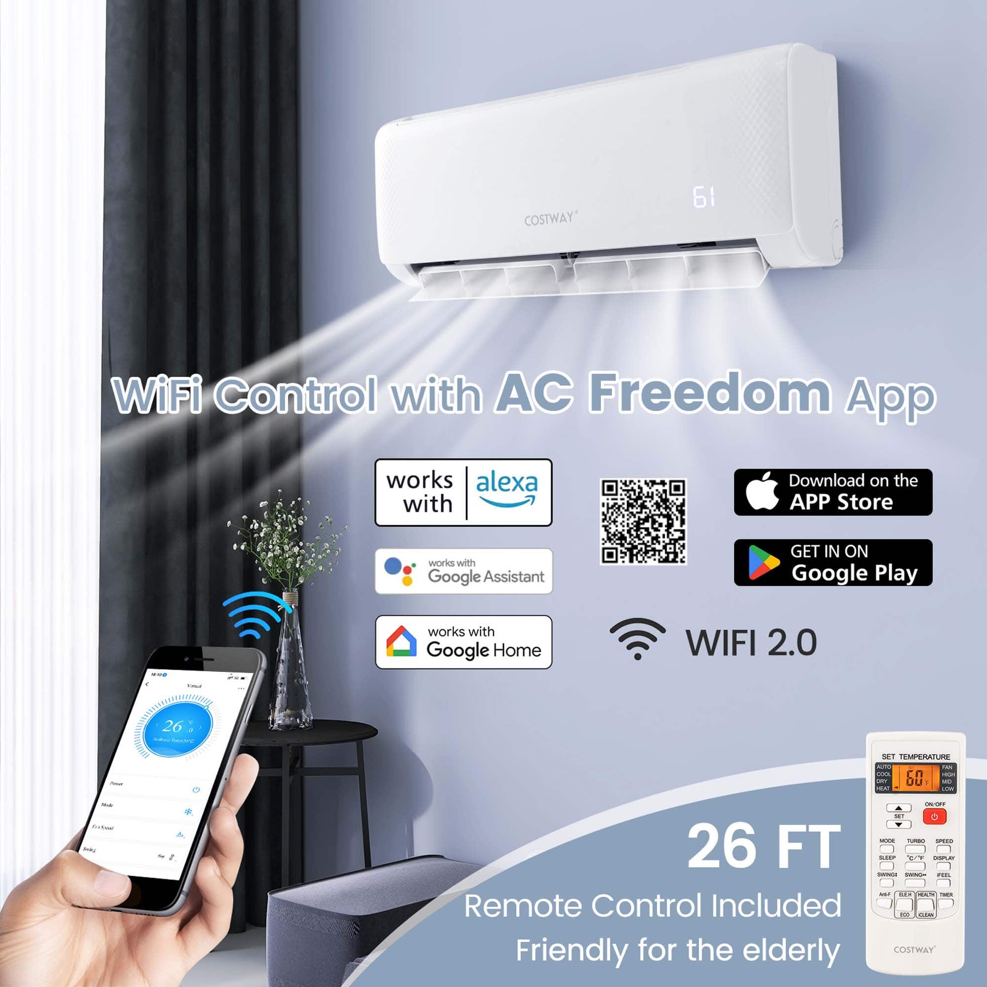 Costway - 24,000 BTU Mini Split Air Conditioner AC Unit with Heat Pump & Alexa Googlehome Remote Control - White