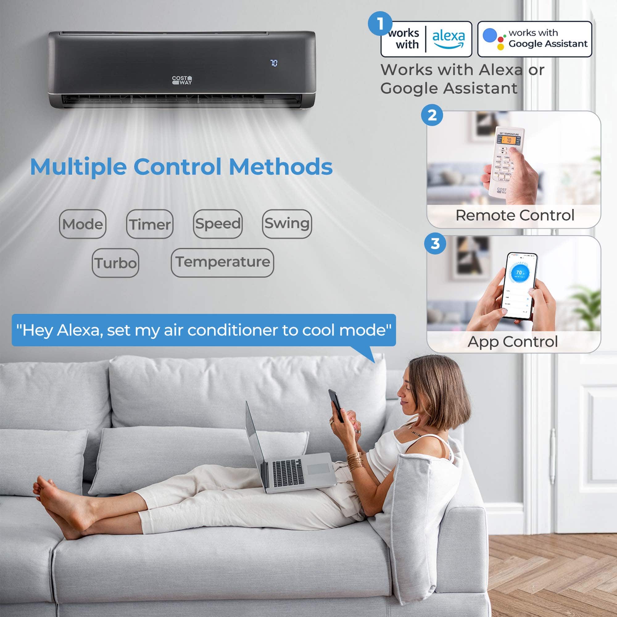 Costway - 24000 BTU Wifi Enabled Mini Split Air Conditioner & Heater with Heat Pump - Gray