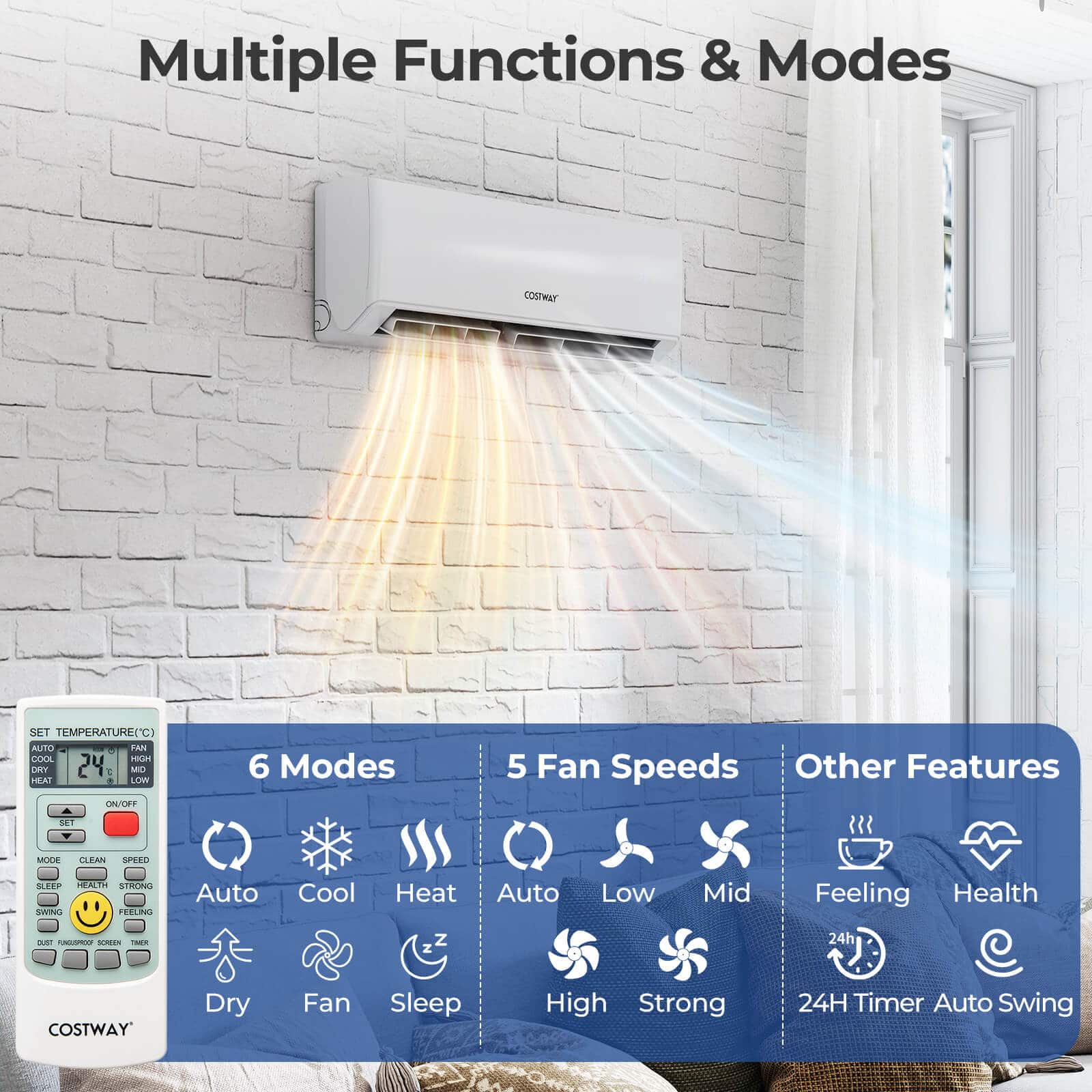 Costway - 24k BTU 3 Zone 7k 9k 9k BTU Mini Split Air Conditioner 23 SEER2 Wifi Enabled - White