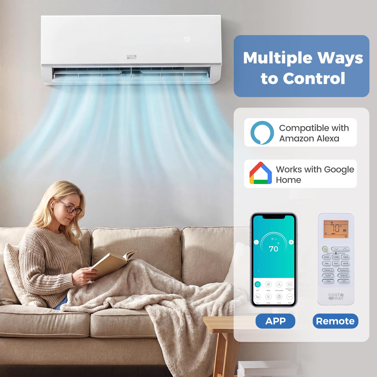 Costway - 9000 BTU 20 SEER2 115V Wifi Enabled Mini Split Air Conditioner & Heater with Installation Kit - White