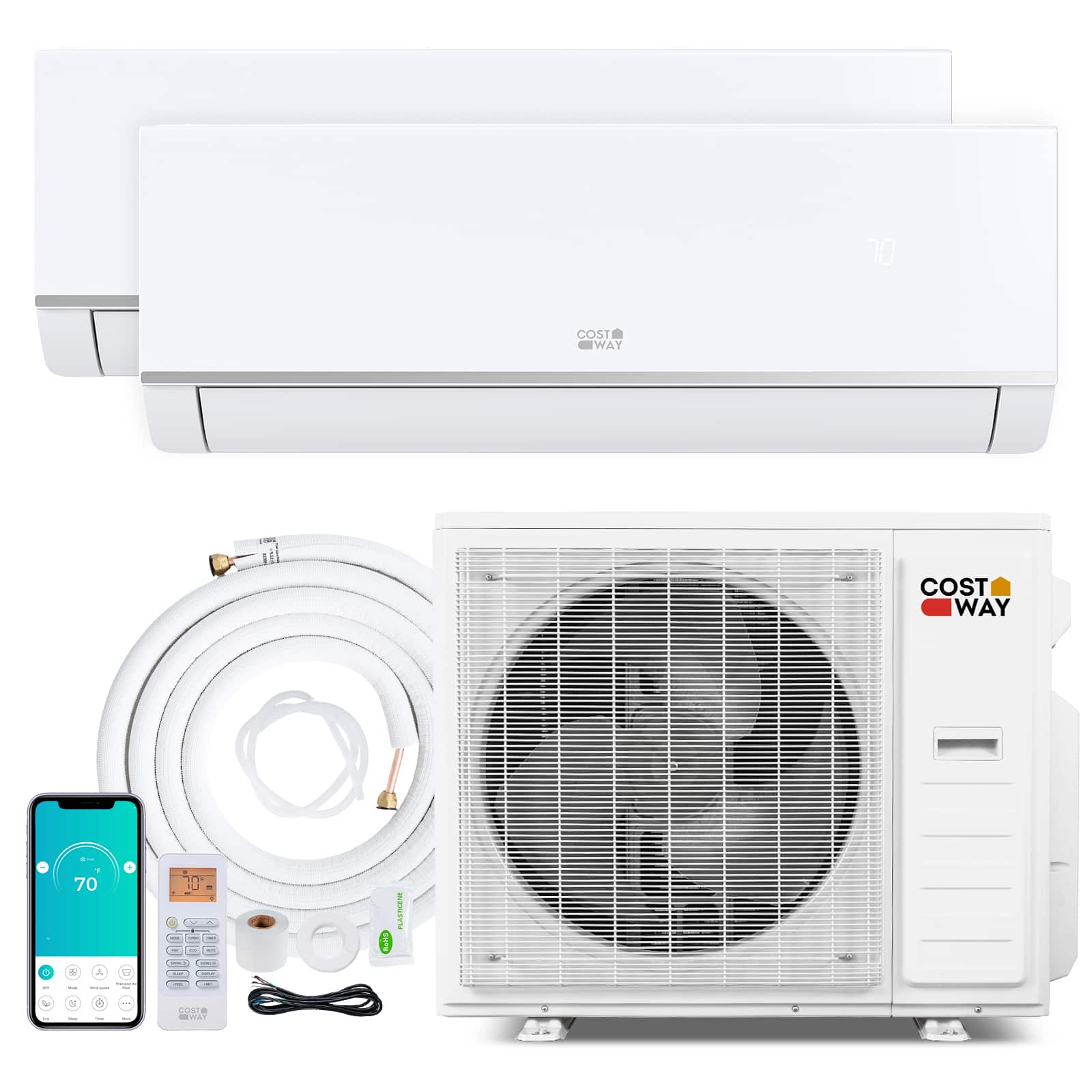 Costway - Blast Pro 2 Zone 20000 BTU 12K + 12K Mini Split AC/Heating System, 23 SEER2, WiFi Enabled - White