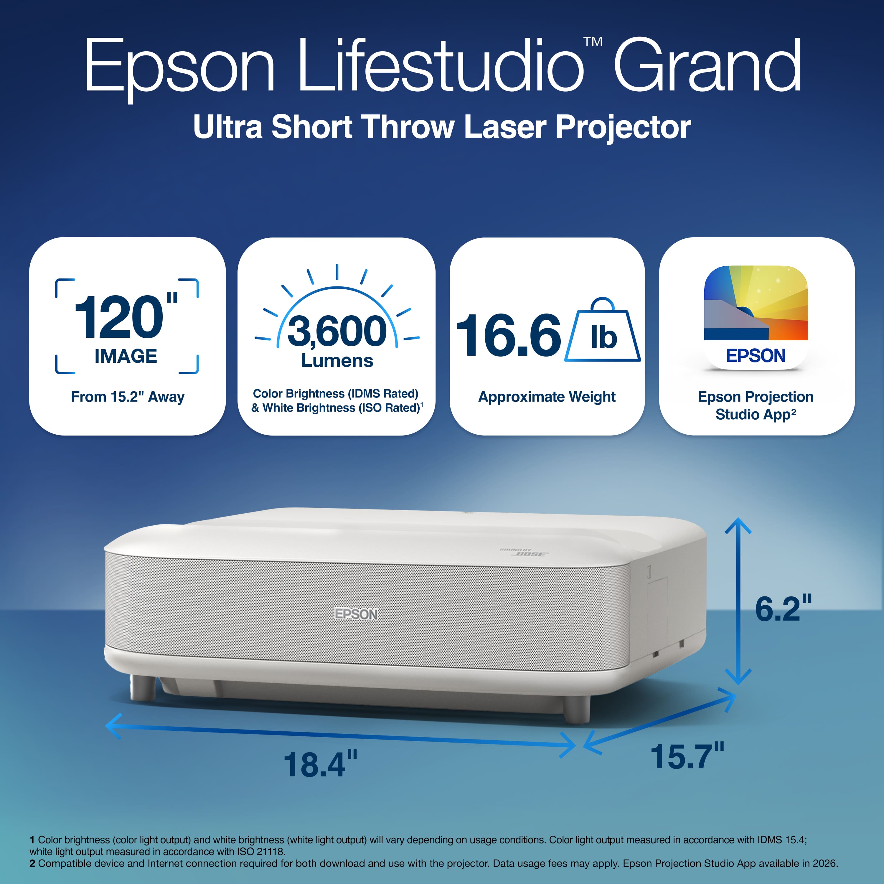 Epson - Lifestudio Grand 4K PRO-UHD UST Laser Projector, 3,600 Lumens of Color & Brightness,  Sound by Bose Technology - White