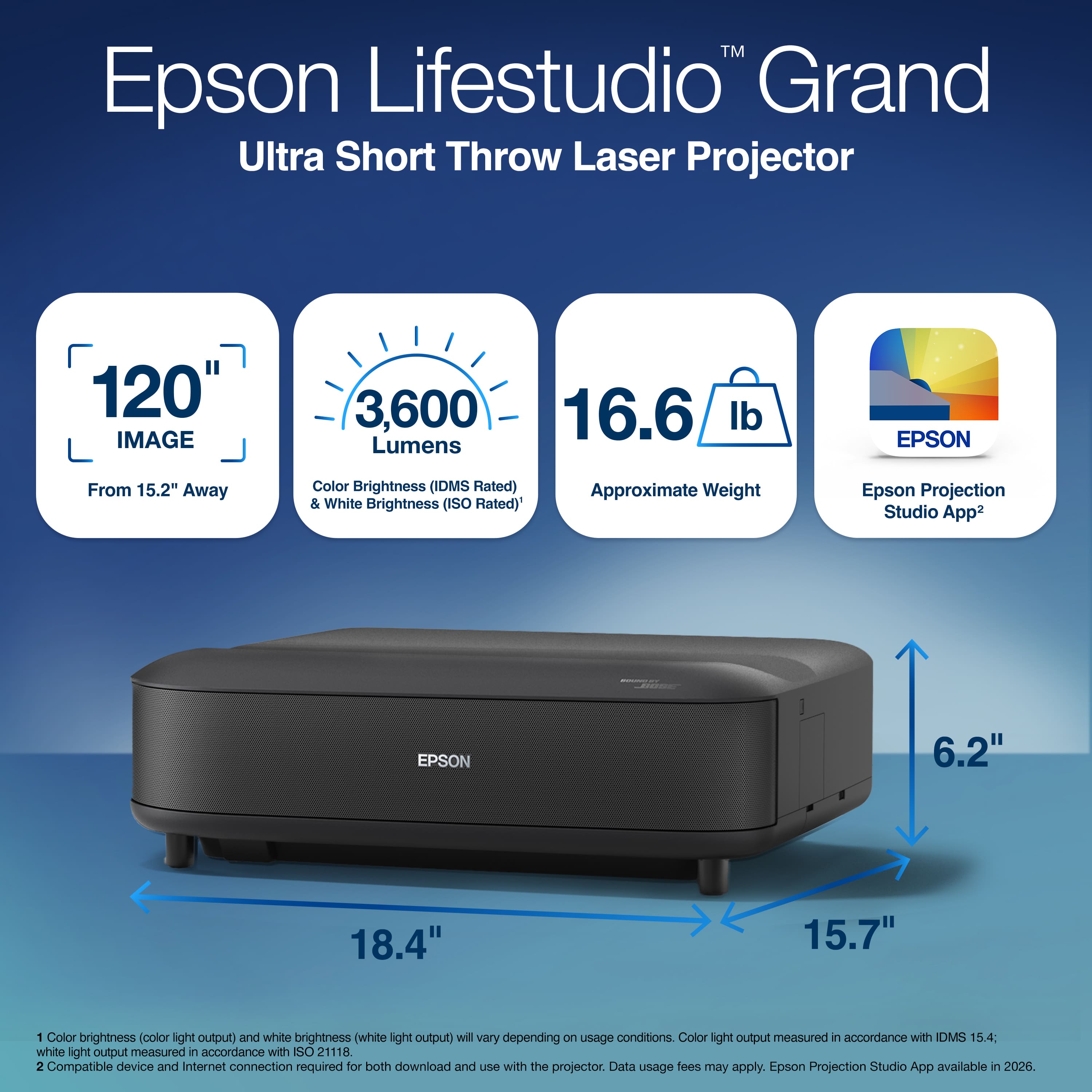 Epson - Lifestudio Grand 4K PRO-UHD UST Laser Projector, 3,600 Lumens of Color & White Brightness,  Sound by Bose Technology - Black