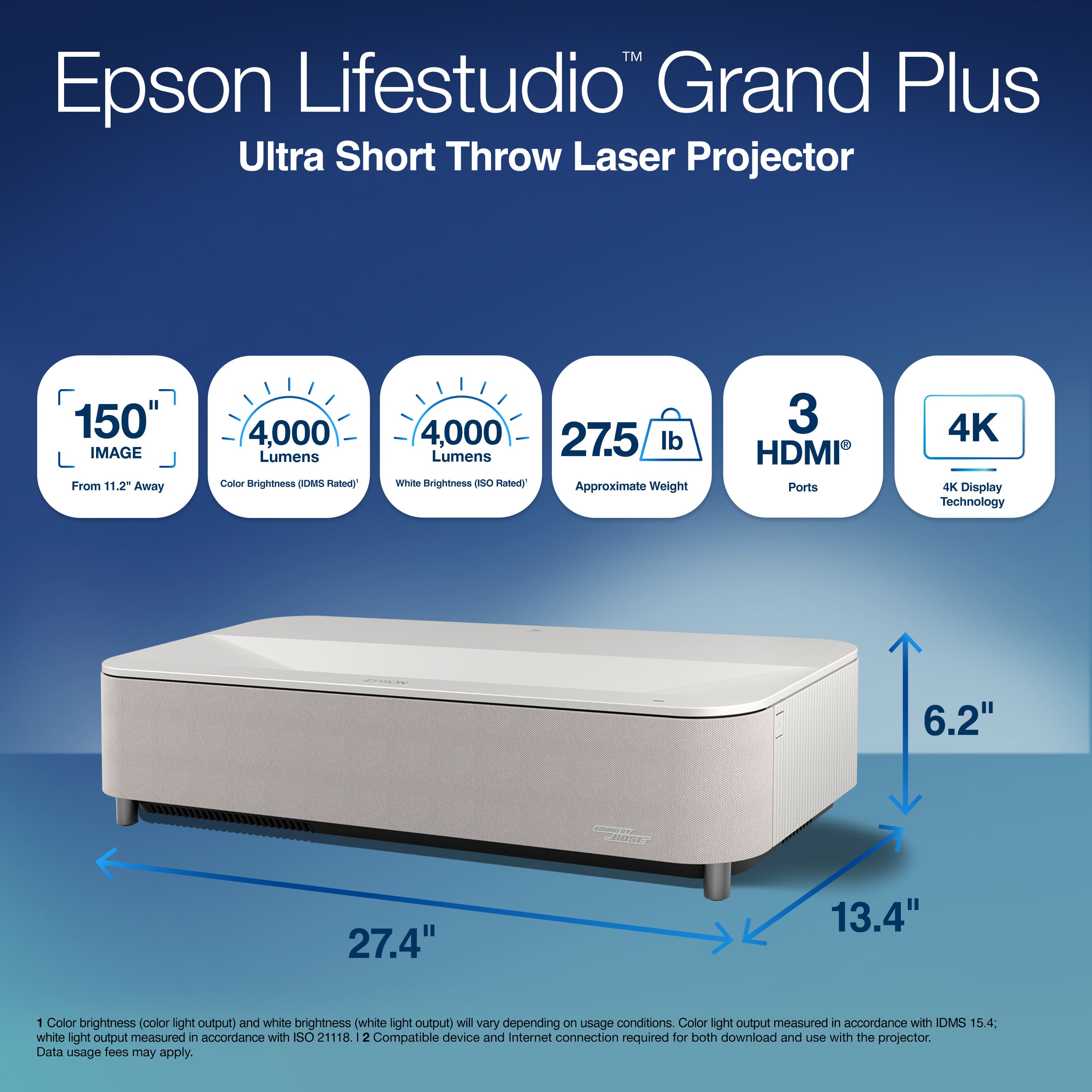Epson - Lifestudio Grand Plus 4K UST Laser Projector, 4,000 Lumens of Color and Brightness, Sound by Bose, 3LCD, HDR - White