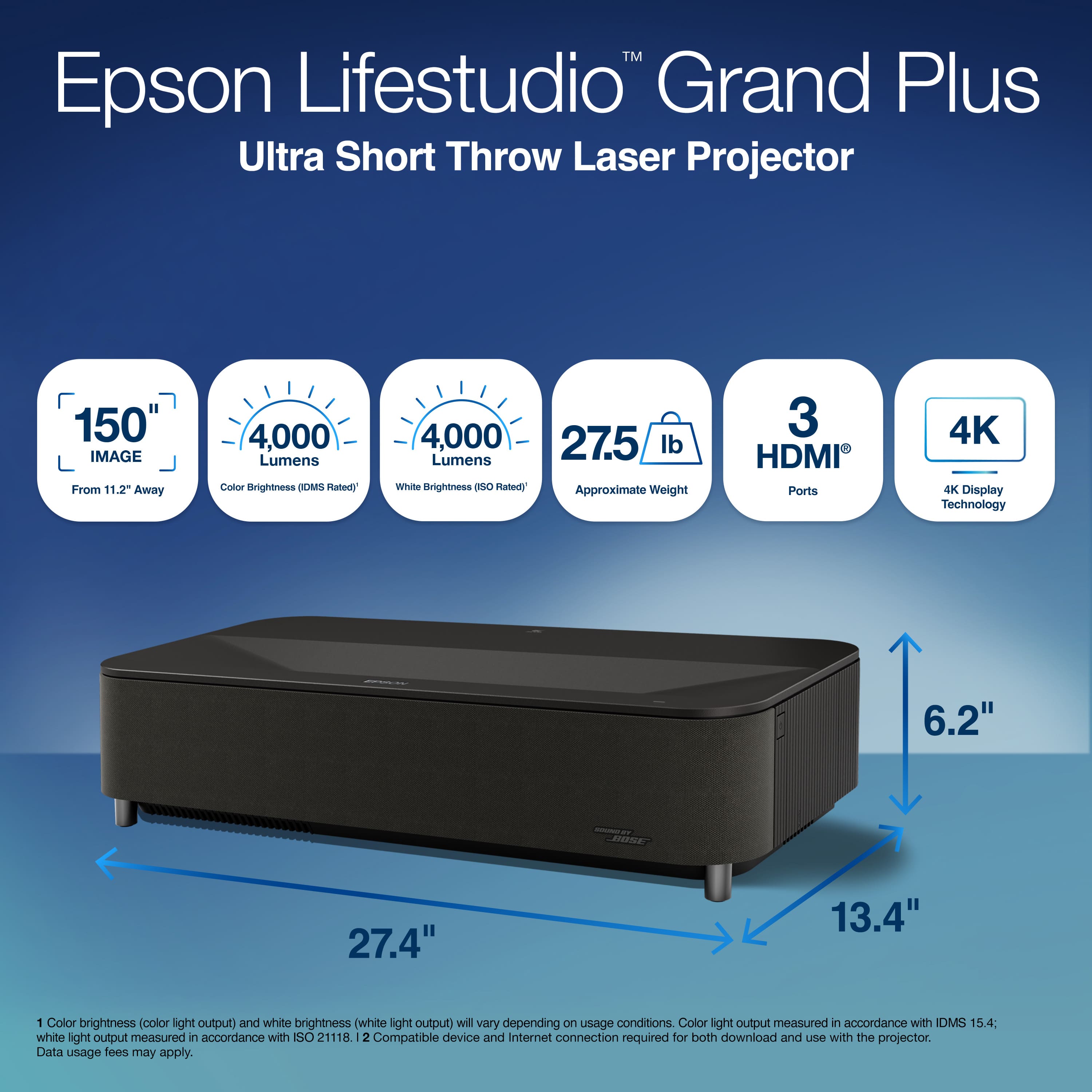 Epson - Lifestudio Grand Plus 4K UST Laser Projector, 4,000 Lumens of Color and White Brightness, Sound by Bose, 3LCD, HDR - Black
