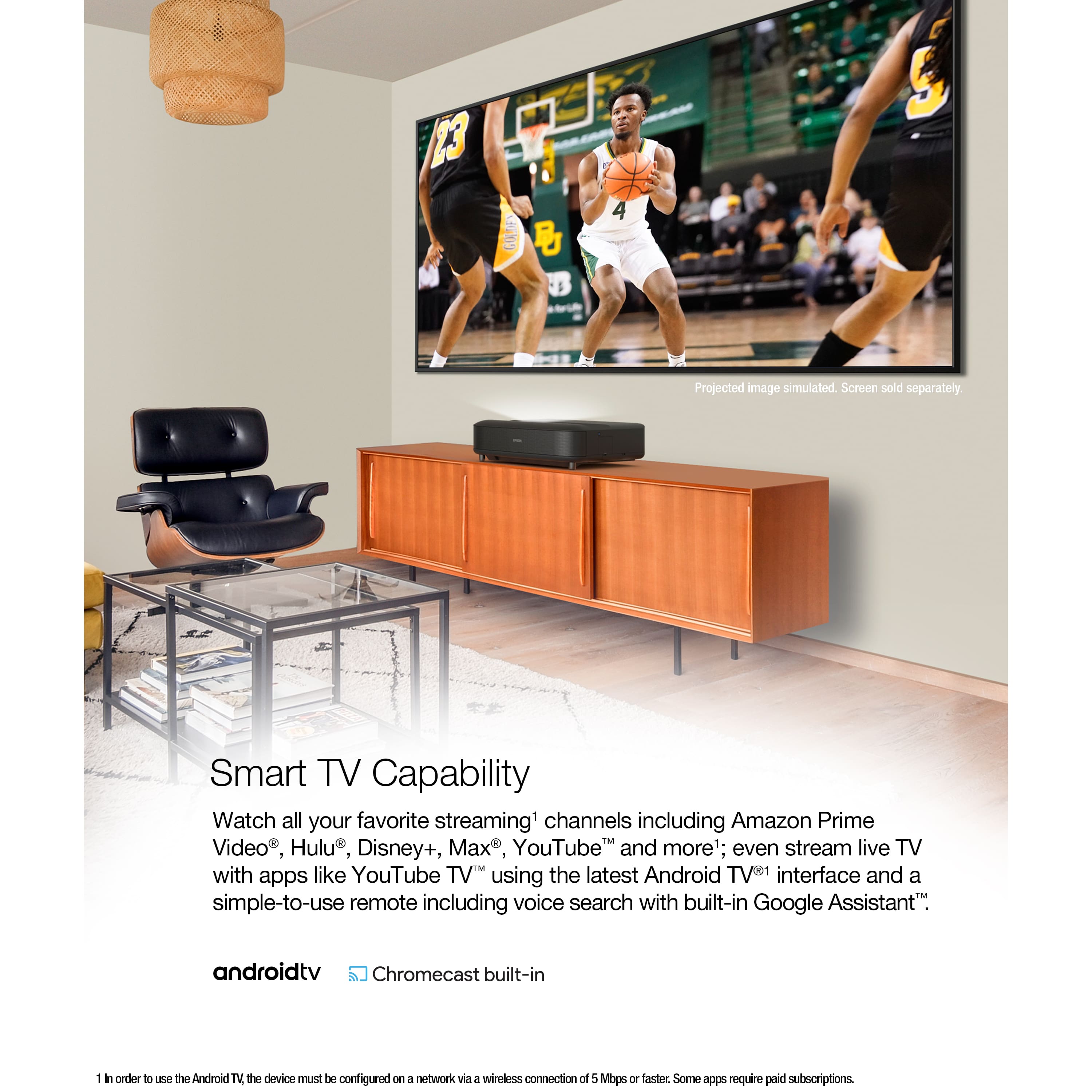 Epson - LS650 4K PRO-UHD Ultra Short Throw 3-Chip 3LCD Laser Projector, 3600 Lumens, 60”-120", Setting Assistant App, Android TV - Black