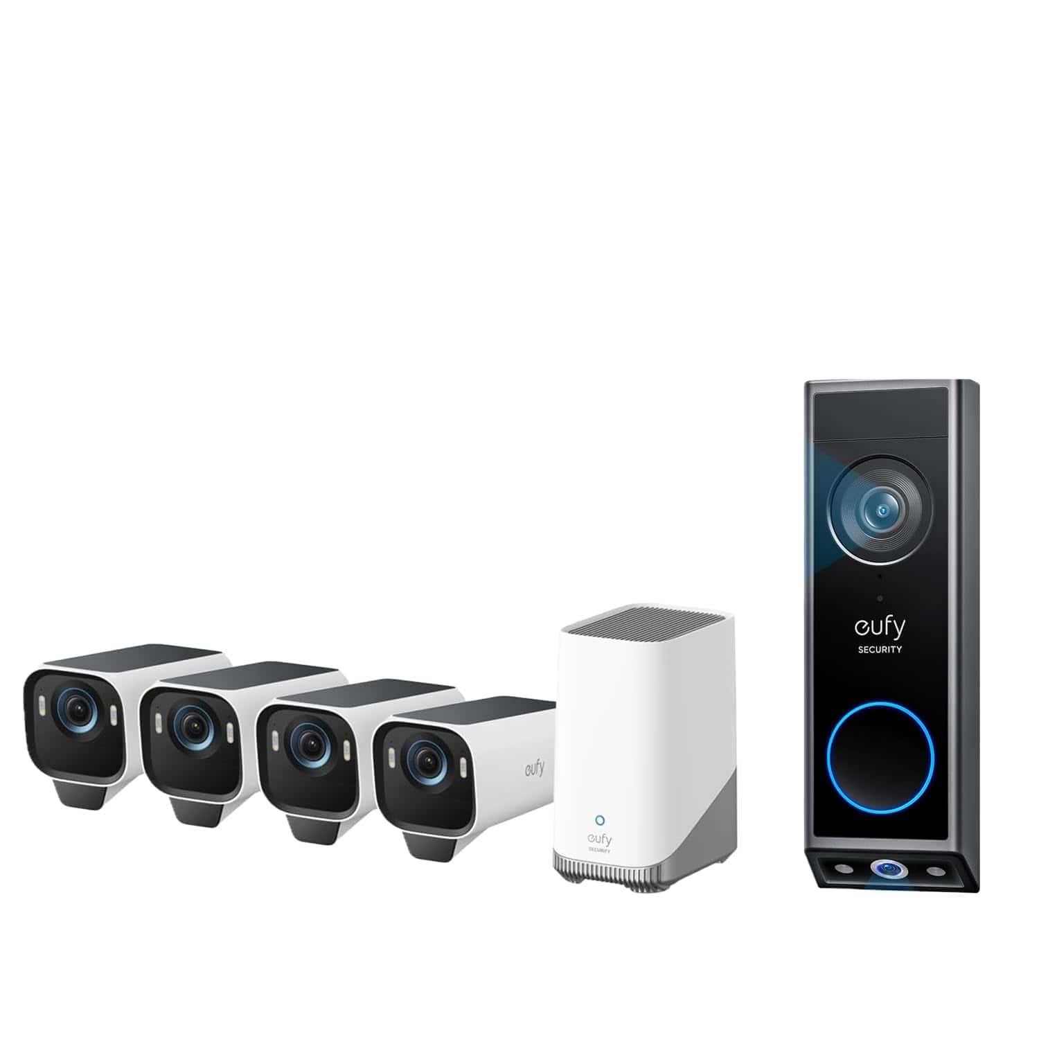 eufy - eufyCam S3 Pro 4-Cam Kit + Video Doorbell E340, Solar Camera Outdoor Wireless, MaxColor Night Vision, 4K Security Camera - White