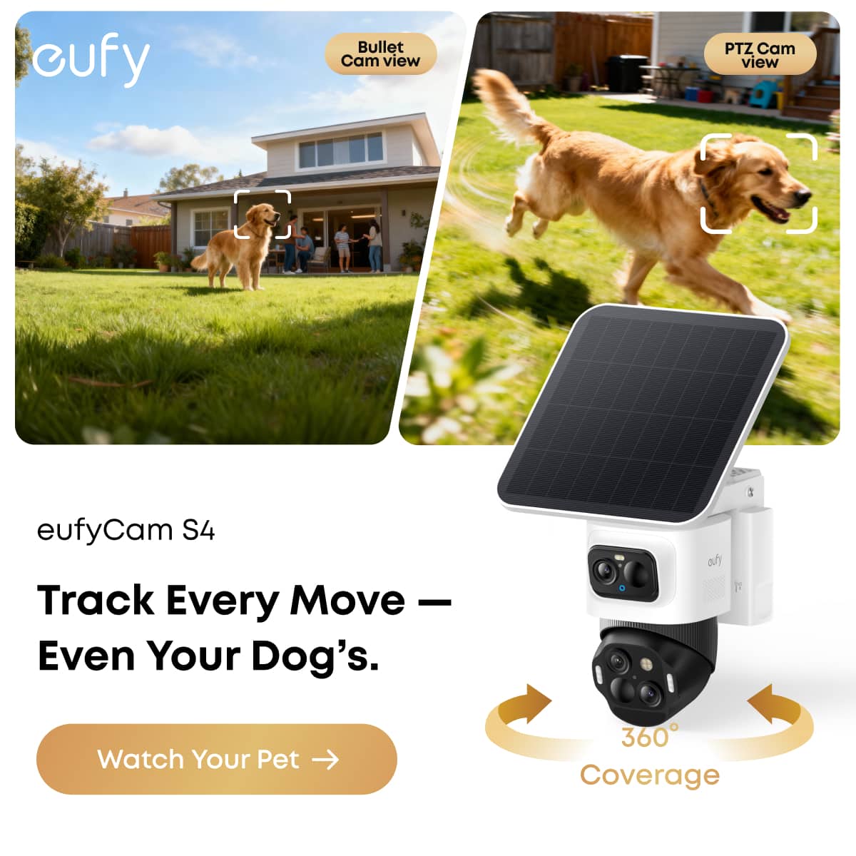 eufy - eufyCam S4 Solar Camera Video Doorbell E340,4K Wireless Outdoor Camera Triple Lens Bullet-PTZ Cam 360° View 8X Auto Zoom - White