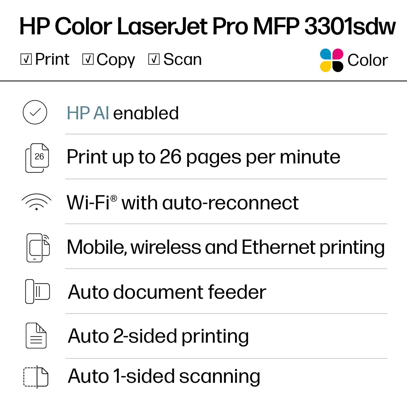 HP - LaserJet Pro MFP 3301sdw Wireless AI-Enabled Color All-in-One Laser Printer - White
