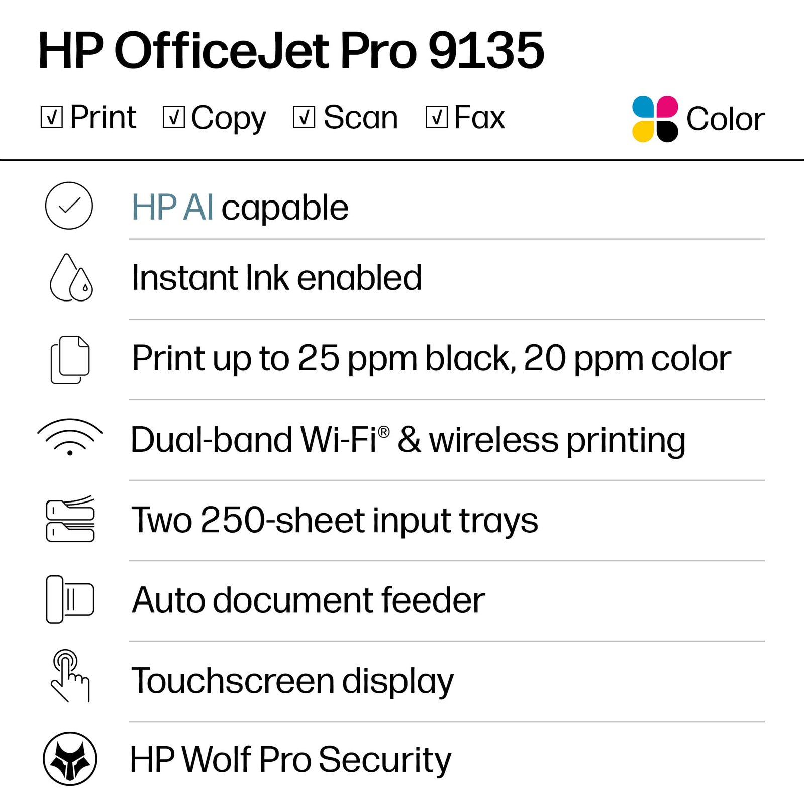 HP - OfficeJet Pro 9135 Wireless All-in-One Inkjet Printer, Scanner, Copier, AI-Enabled with 3 Months of Instant Ink - White