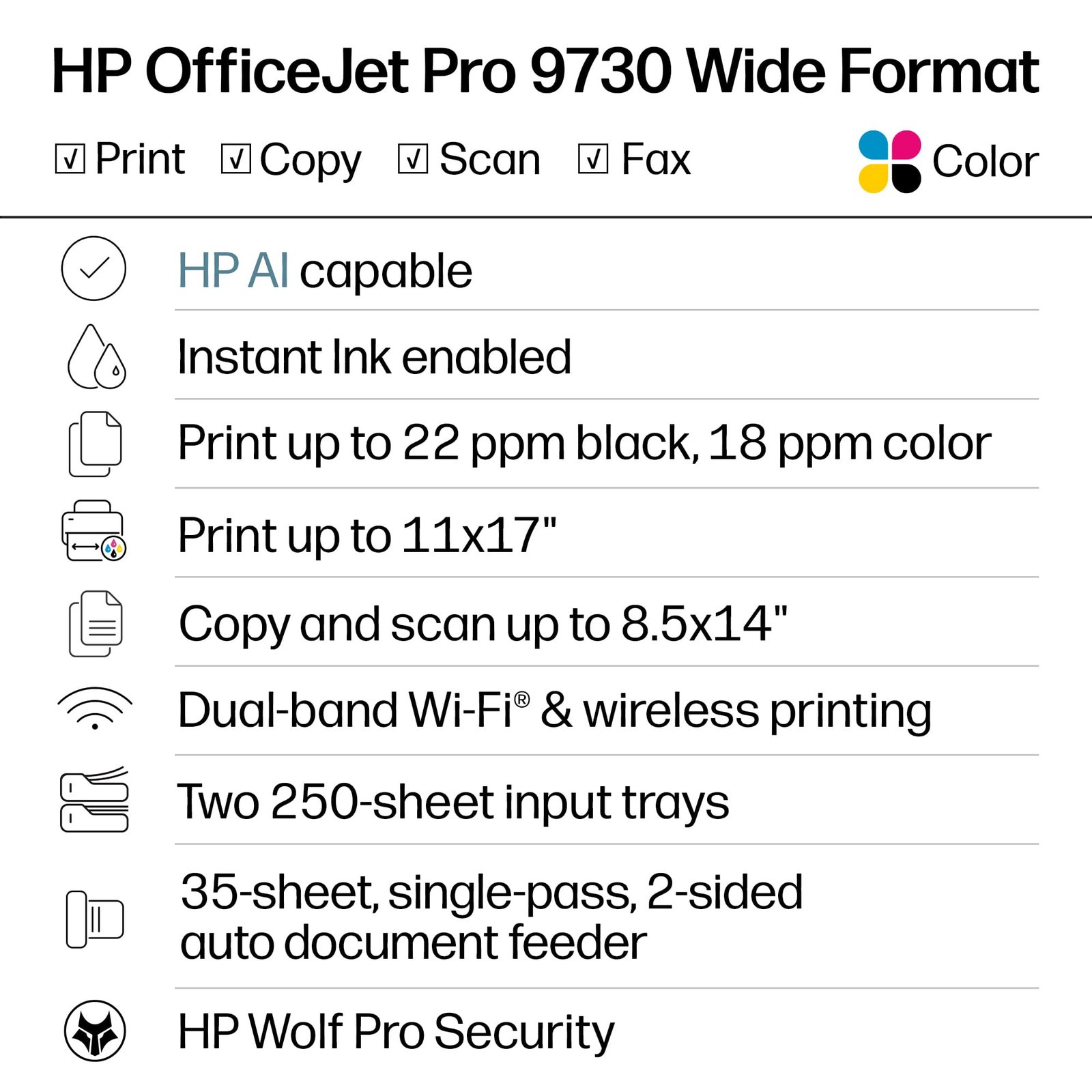 HP - OfficeJet Pro 9730 Wireless Wide Format All-in-One Inkjet Printer, Scanner, Copier, AI-Enabled with 3 Mos of Instant Ink - White