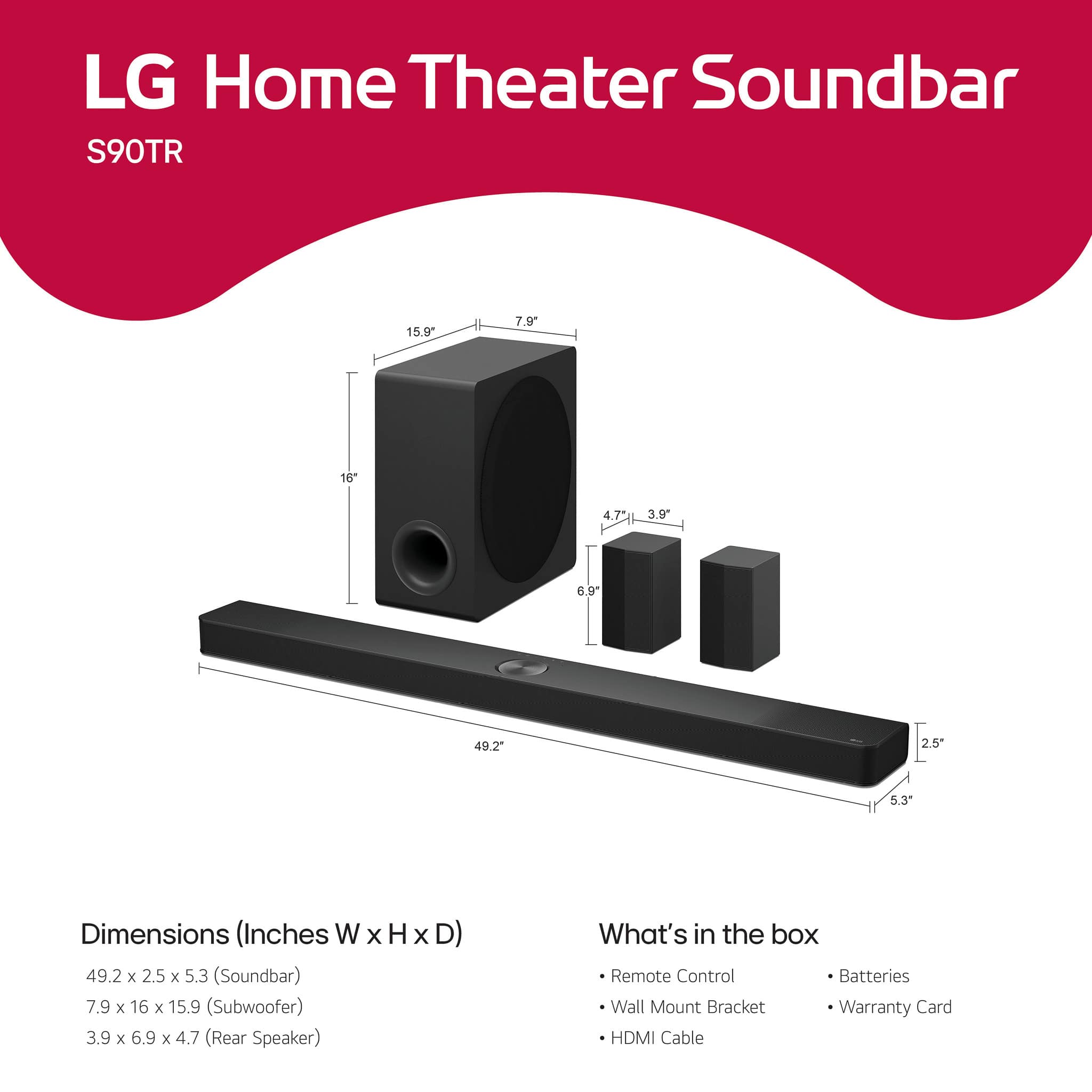 LG - 7.1.3-Channel S90TR Home Theater Soundbar with Wireless Subwoofer and Rear Speakers, Dolby Atmos, WOW Orchestra - Black
