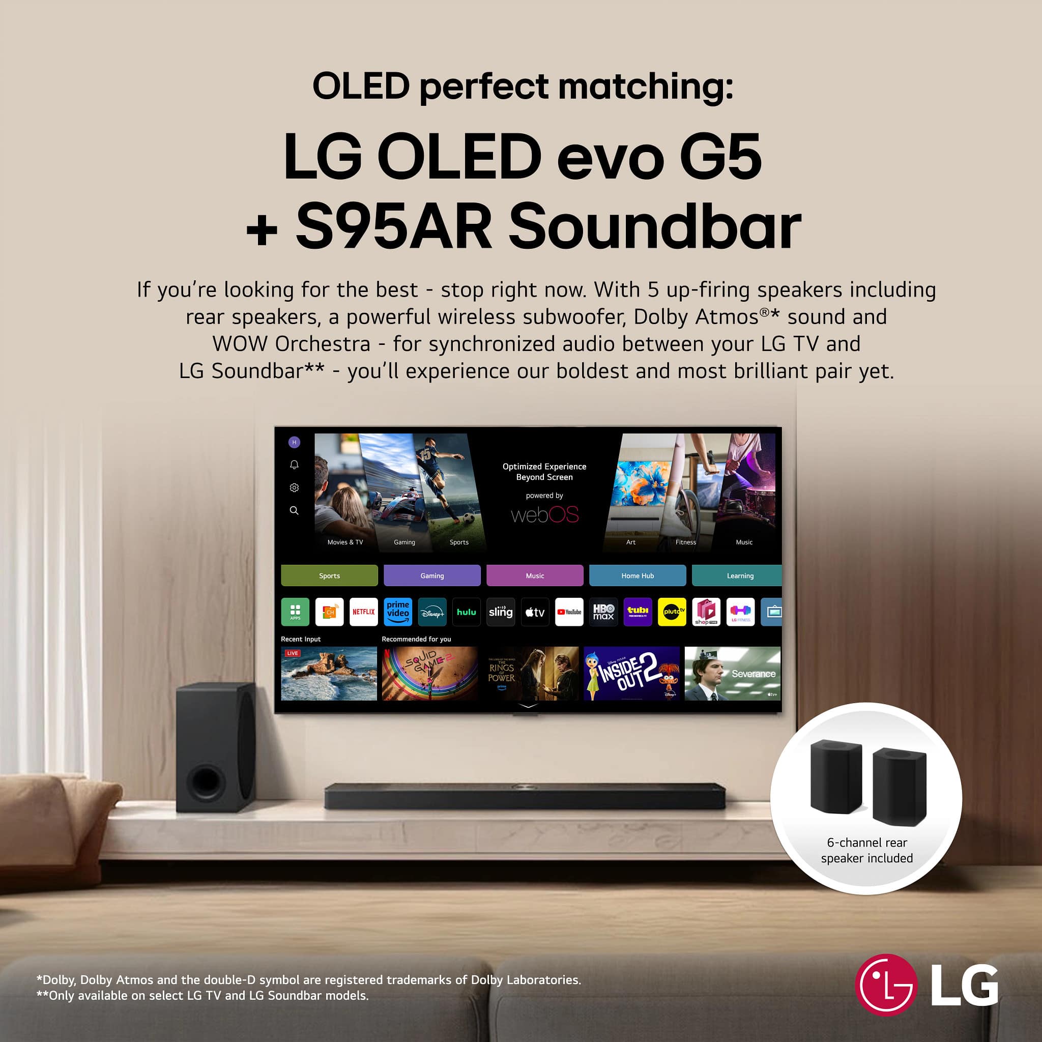 LG - 9.1.5-Channel S95AR Home Theater Soundbar with Wireless Subwoofer and Rear Speakers, Dolby Atmos, WOW Orchestra - Black
