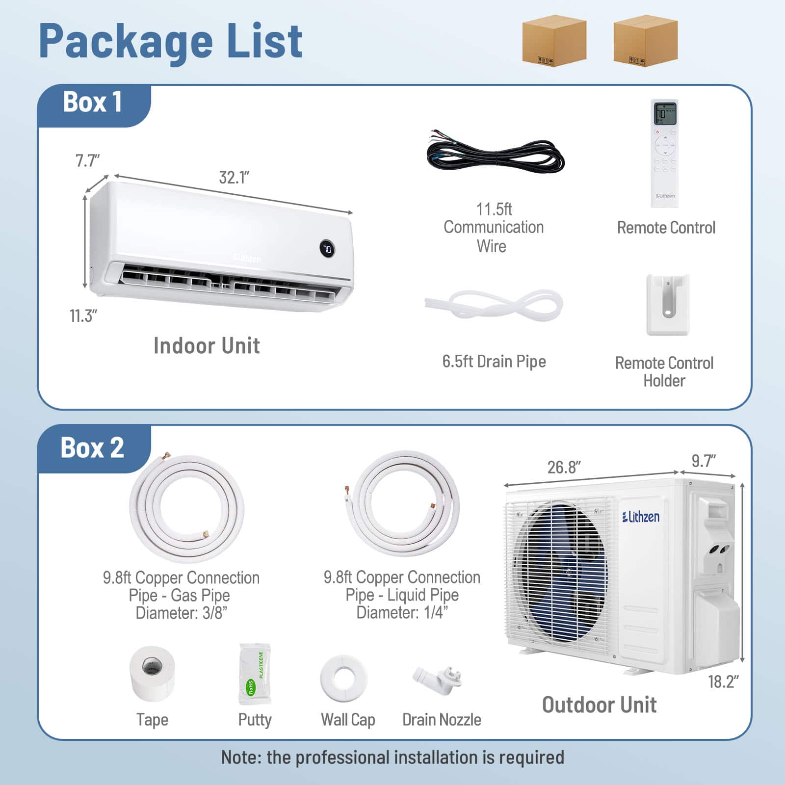 Lithzen - 12000 BTU Mini Split Air Conditioner & Heater, 115V 18.2 SEER2 Wifi Enabled - White