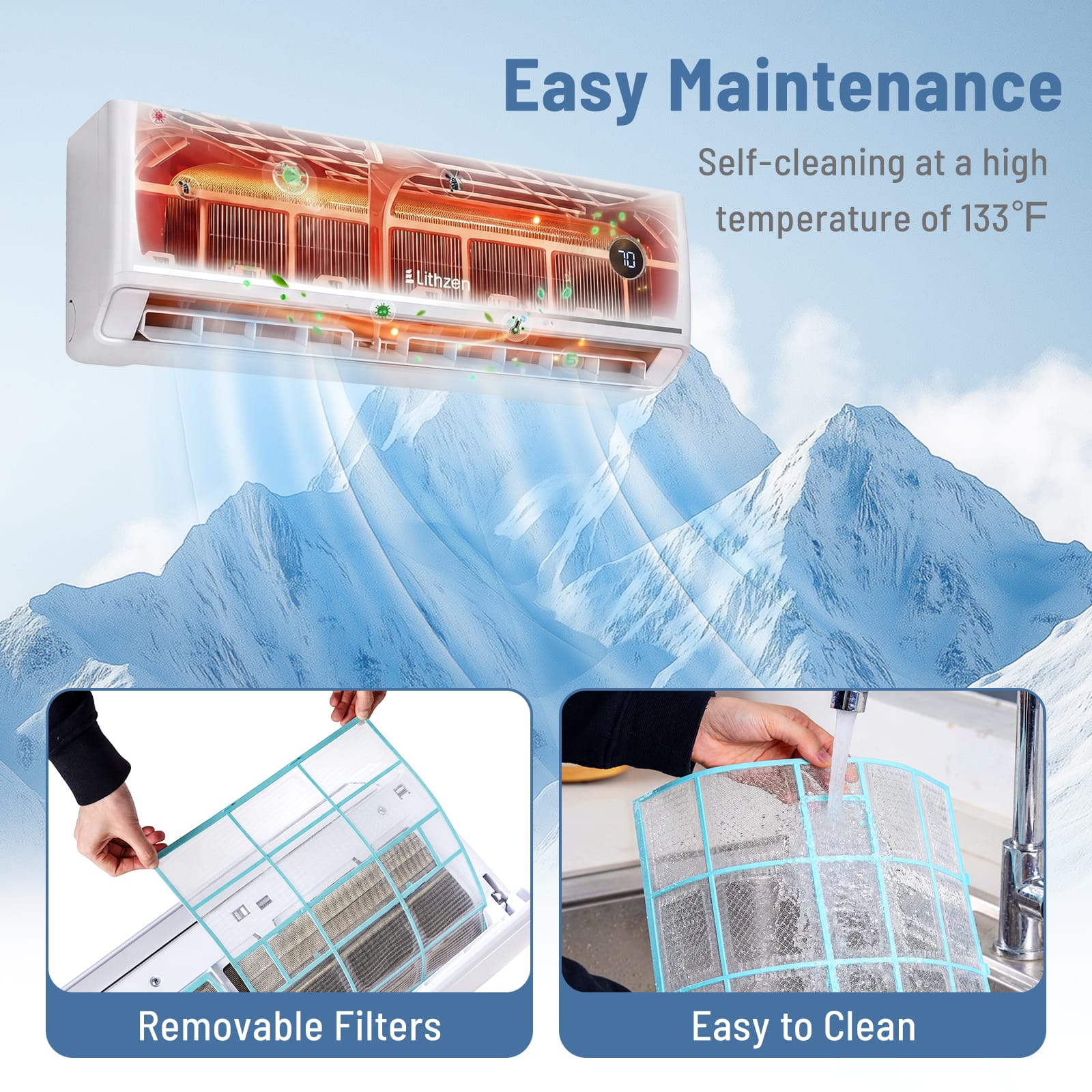 Lithzen - 12000 BTU Mini Split Air Conditioner & Heater, 208/230V 18.2 SEER2 Wifi Enabled - White