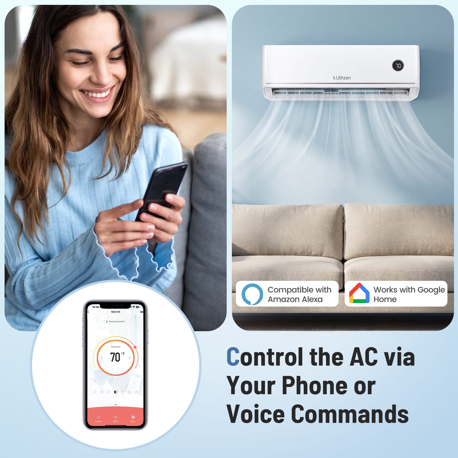 Lithzen - 12000 BTU Mini Split Air Conditioner & Heater, 208/230V 18.2 SEER2 Wifi Enabled - White