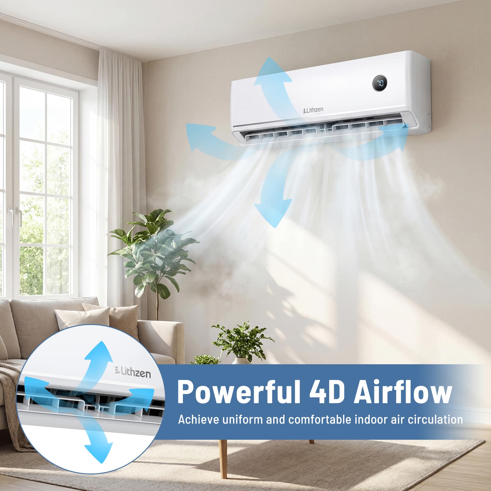 Lithzen - 12000 BTU Mini Split Air Conditioner & Heater, 208/230V 18.2 SEER2 Wifi Enabled - White