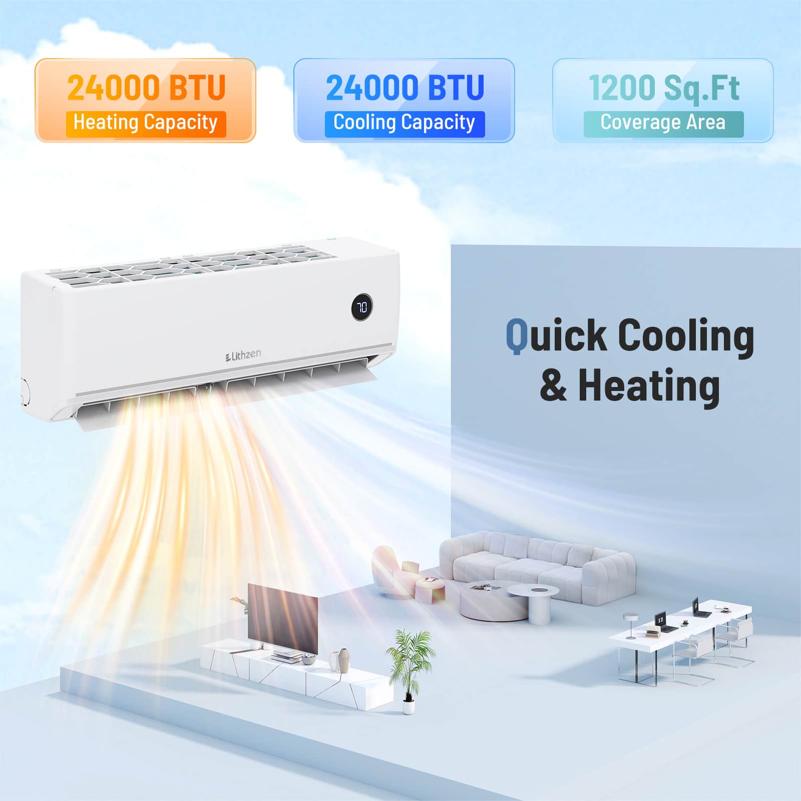 Lithzen - 24000 BTU Mini Split Air Conditioner & Heater, 208/230V 18.2 SEER2 Wifi Enabled - White