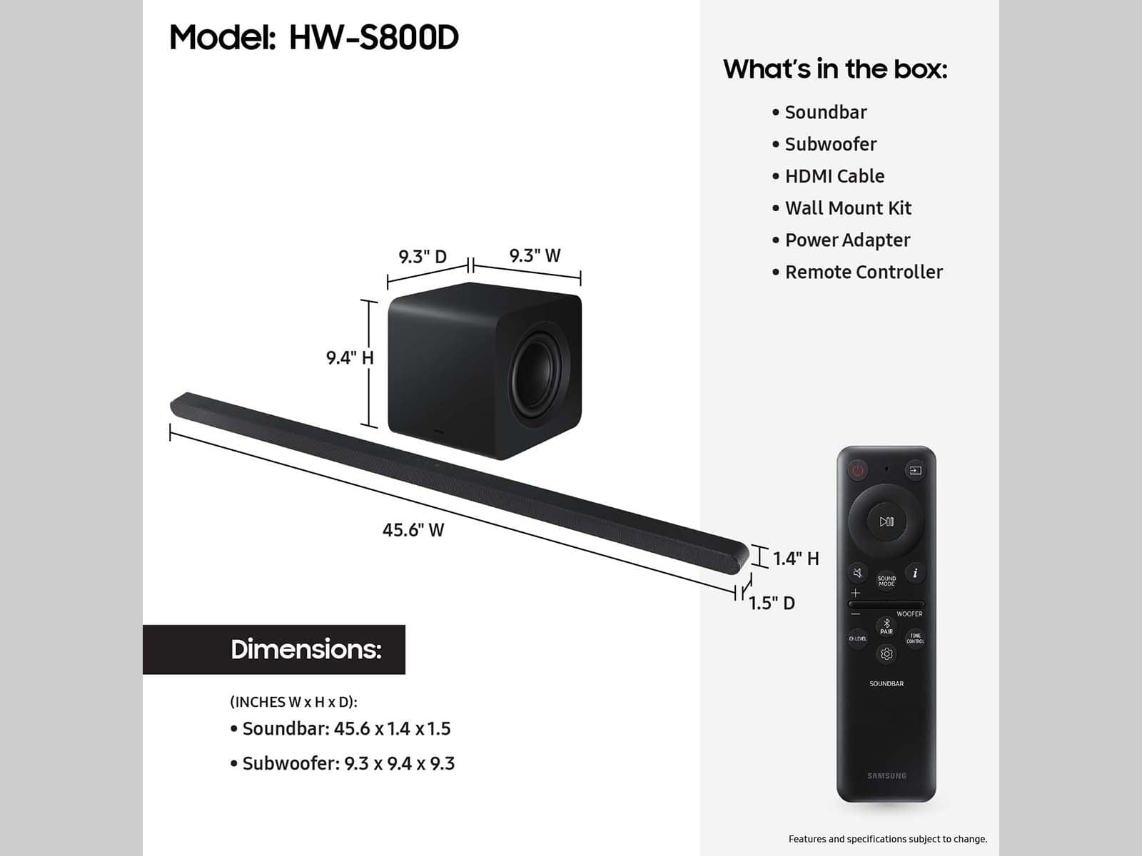 Samsung - HW-S800D 3.1.2 Channel S-Series Ultra Slim Soundbar with Wireless Subwoofer, Dolby Atmos and Q-Symphony - Titan Black