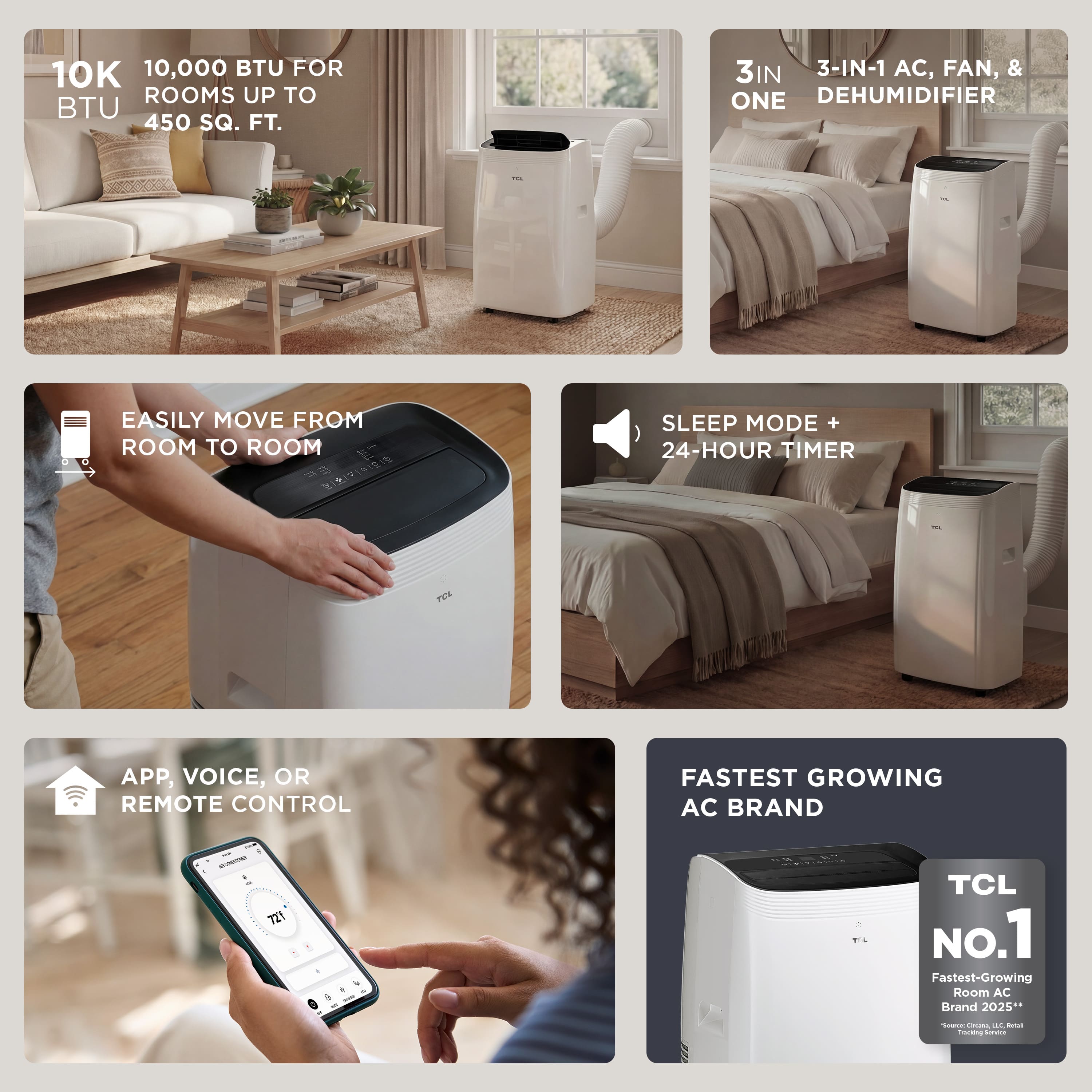 TCL - 450 Sq. Ft. 10,000 BTU Smart Portable Air Conditioner 3-in-1 with AC, Fan & Dehumidifier - White